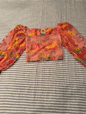 FARM Rio Pink Mosaic Banana Lace Off-Shoulder Crop Top